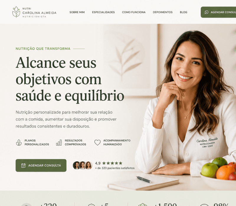 Mockup de página profissional com foto, headline, especialidades e CTA