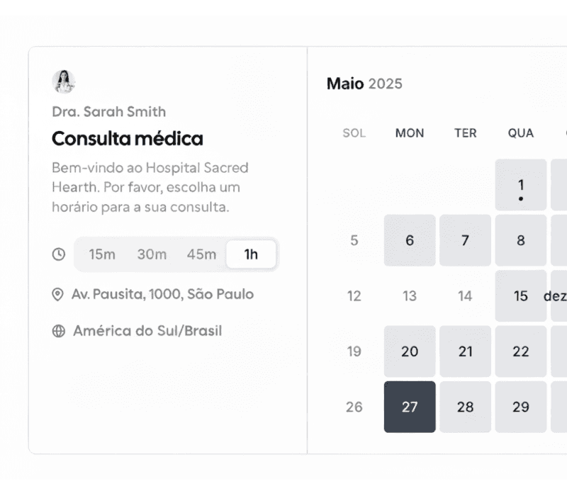 Interface de agendamento com calendário, dias disponíveis e seleção de horário